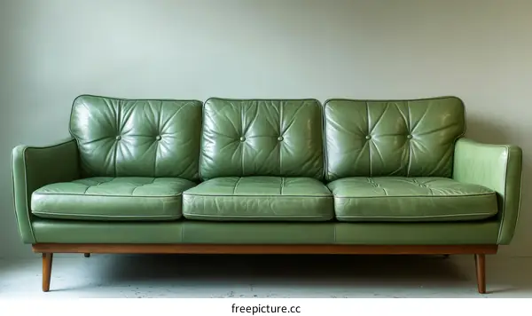 Mid-Century Modern Green Leather Sofa