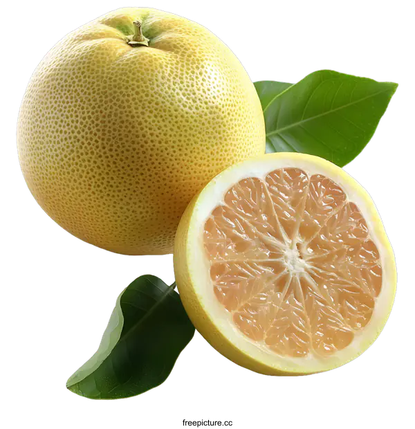 [Transparent Background PNG]Close-up photo of a pomelo and half of a pomelo with leaves
