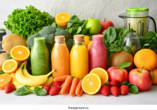 A variety of fruits and vegetables are on display, including apples, oranges, bananas, carrots, strawberries, and lettuce. There are also three bottles of juice.