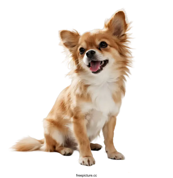 [Transparent Background PNG]Adorable long-haired Chihuahua sitting and looking cheerful