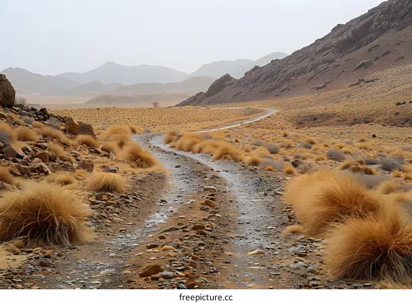 A dirt road winds through a rocky desert landscape with mountains in the distance