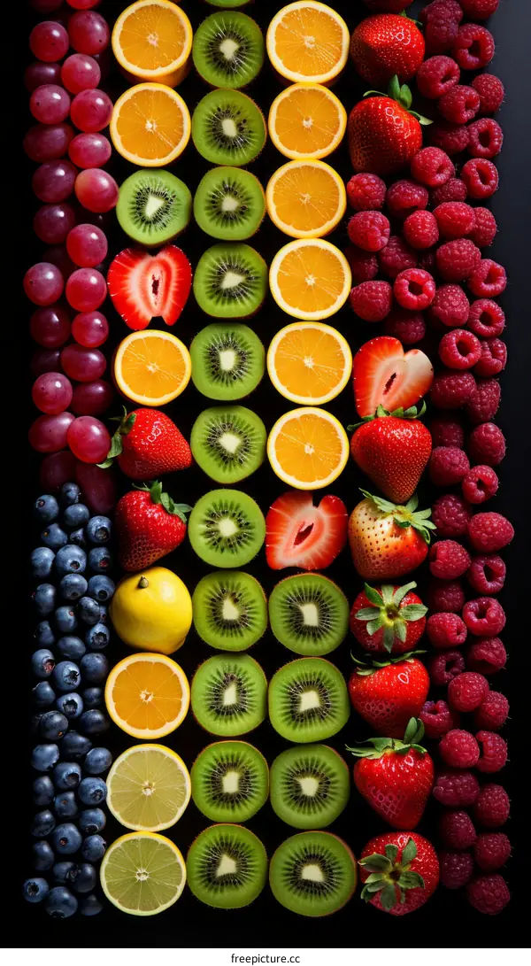 A variety of fruits arranged in a colorful pattern