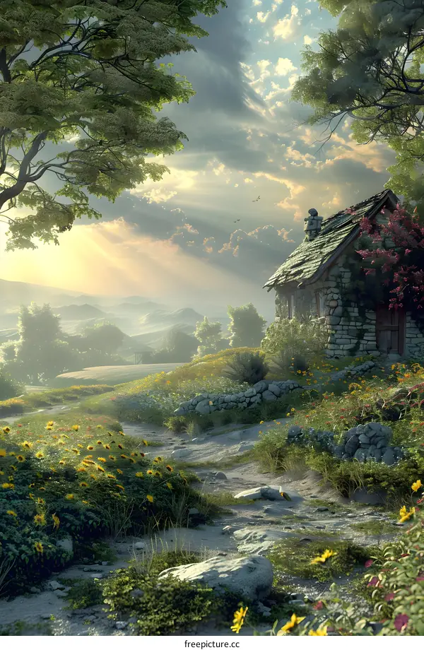 Stone Cottage in a Field of Flowers