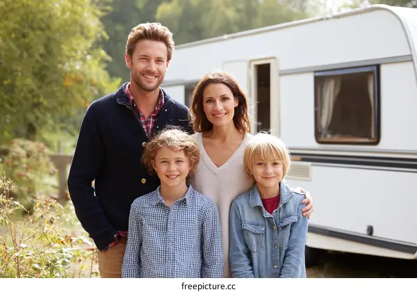 Happy Family Posing in front of their Caravan