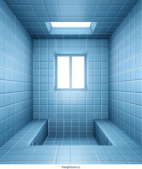 Blue Tiled Room with Window and Skylight