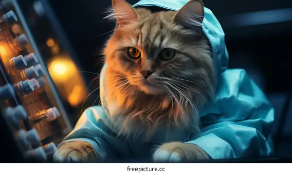 A Ginger Cat Wearing a Blue Lab Coat