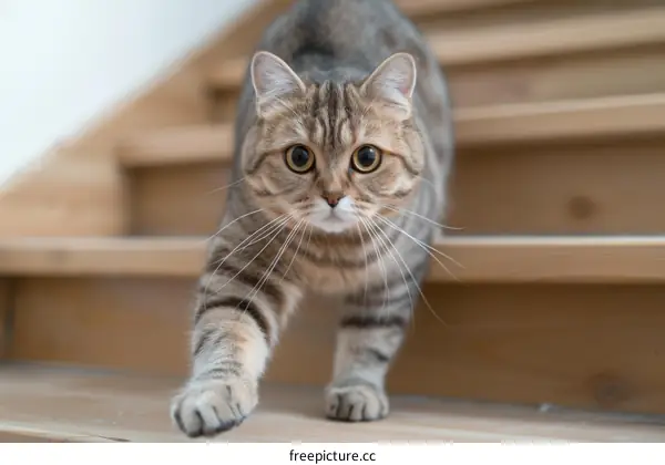 A cute cat is walking down the stairs