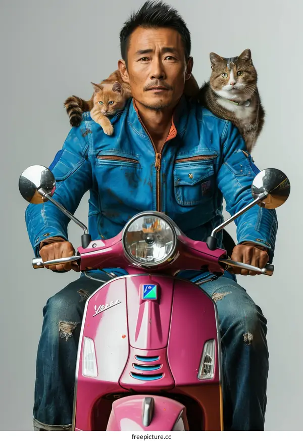 A man riding a pink Vespa scooter with two cats on his shoulders