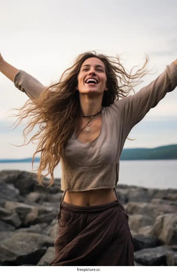 carefree woman standing on rocky lakeshore with arms outstretched