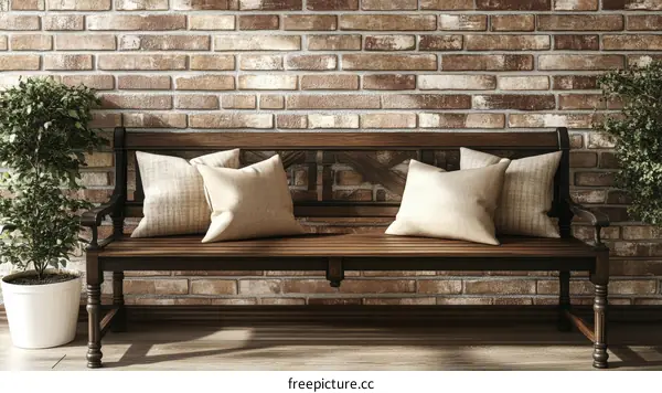 Rustic Wooden Bench Against Brick Wall