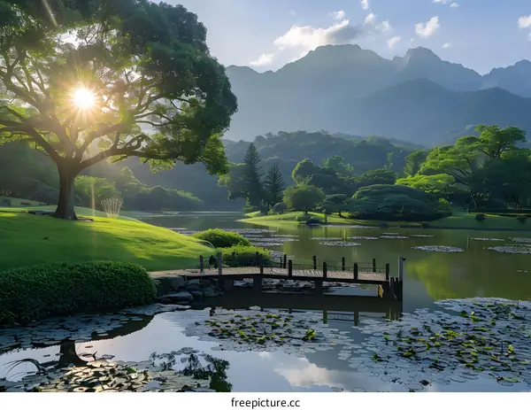 Sunrise Over Mountain Lake And Wooden Bridge
