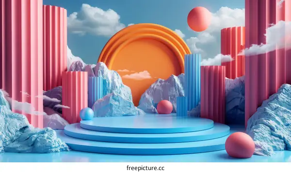Abstract Colorful 3D Scene with Mountains and Stages