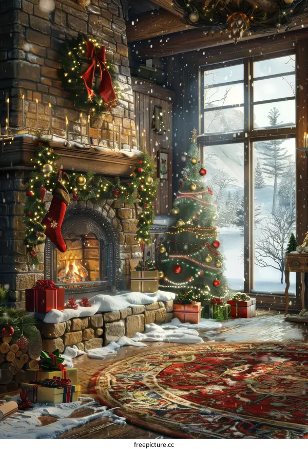 Christmas Tree by the Fireplace with Presents