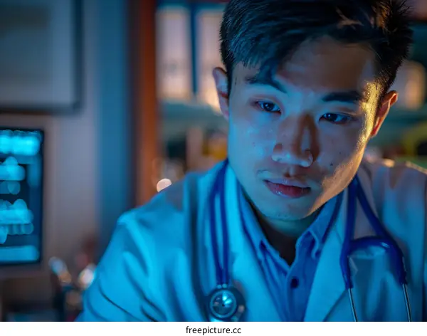 Asian young male doctor in white coat and stethoscope around neck using computer in hospital at night