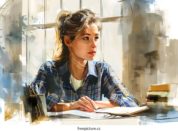 girl writing in notebook by the window