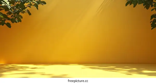 Empty Yellow Studio Scene with Sunlight and Leaves