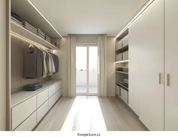 Minimalist Walk In Closet Design With White Cabinets And Shelving