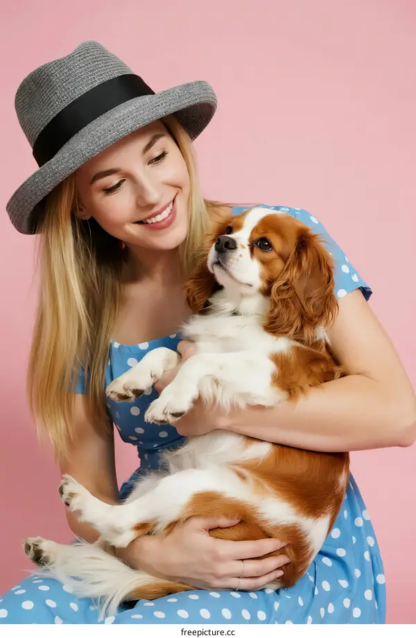Woman in blue polka dot dress holding a Cavalier King Charles Spaniel dog