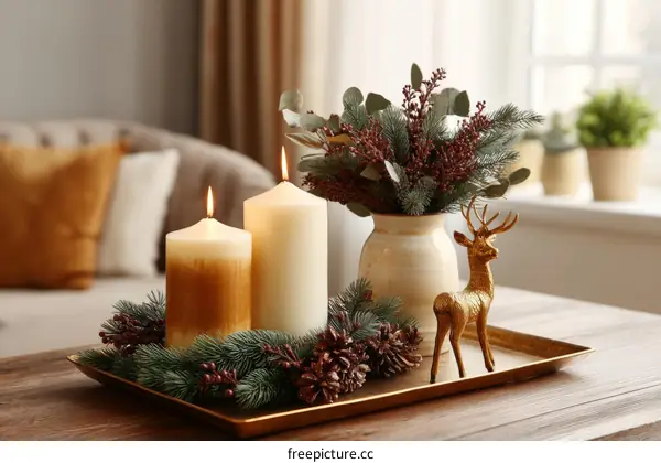 Christmas Table Decor with Candles and Deer Figurine
