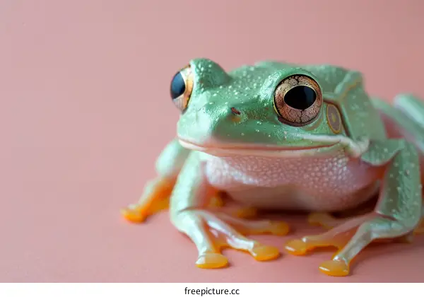 A green frog with orange eyes and feet