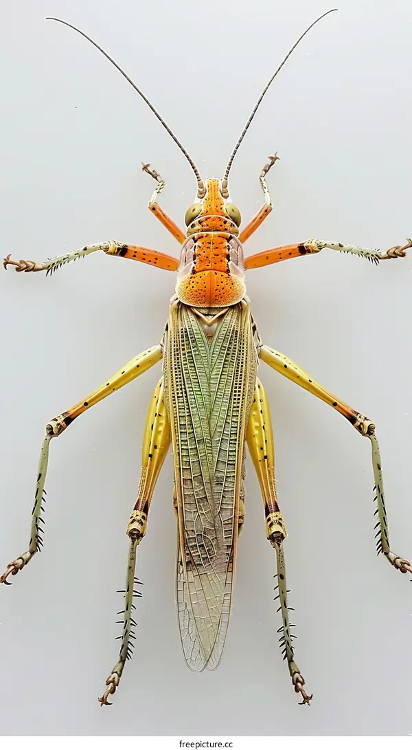 A studio photography of a colorful grasshopper
