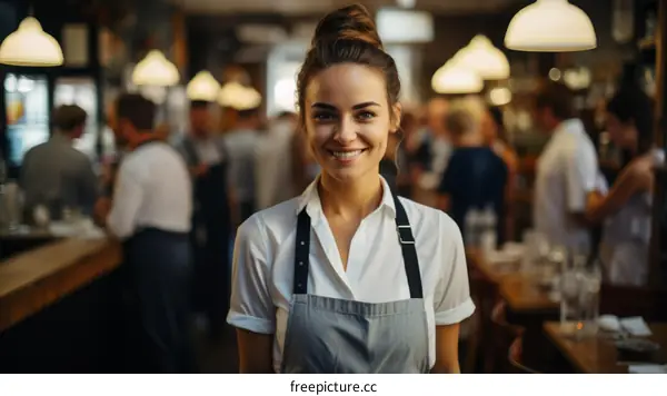 Portrait of a smiling waitress in a busy restaurant