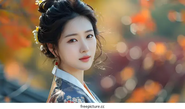Portrait of a beautiful Asian woman in traditional Korean dress, with autumn leaves in the background.