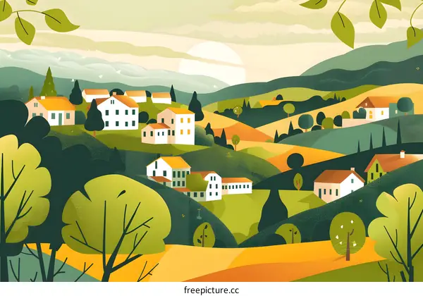 Green Hills Village Landscape Illustration