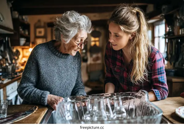 Grandmother and Granddaughter in a Vintage Kitchen