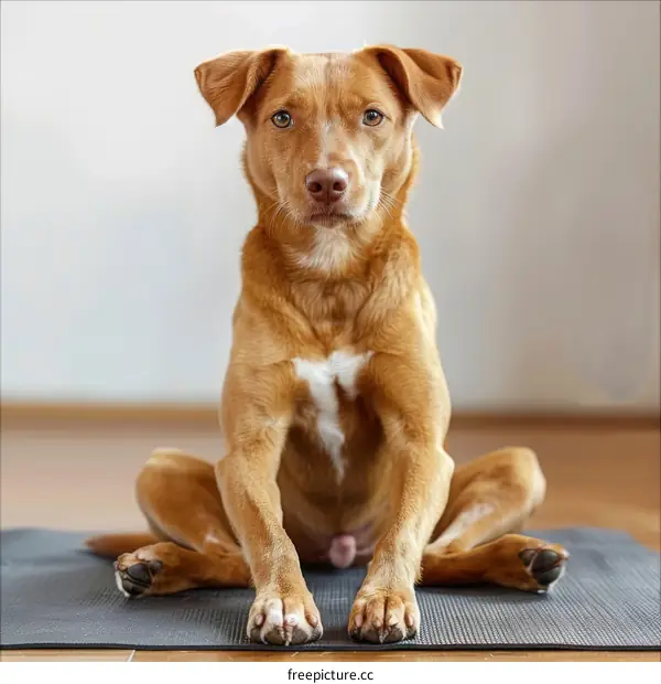 A brown dog is sitting on a yoga mat with its legs crossed