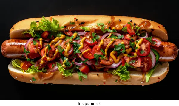 Hot Dog with Mustard, Ketchup, Tomatoes, Onions, and Parsley