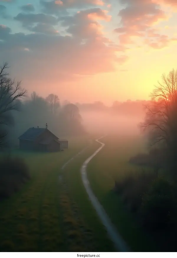 Misty Sunrise Over A Winding Road And A Country House