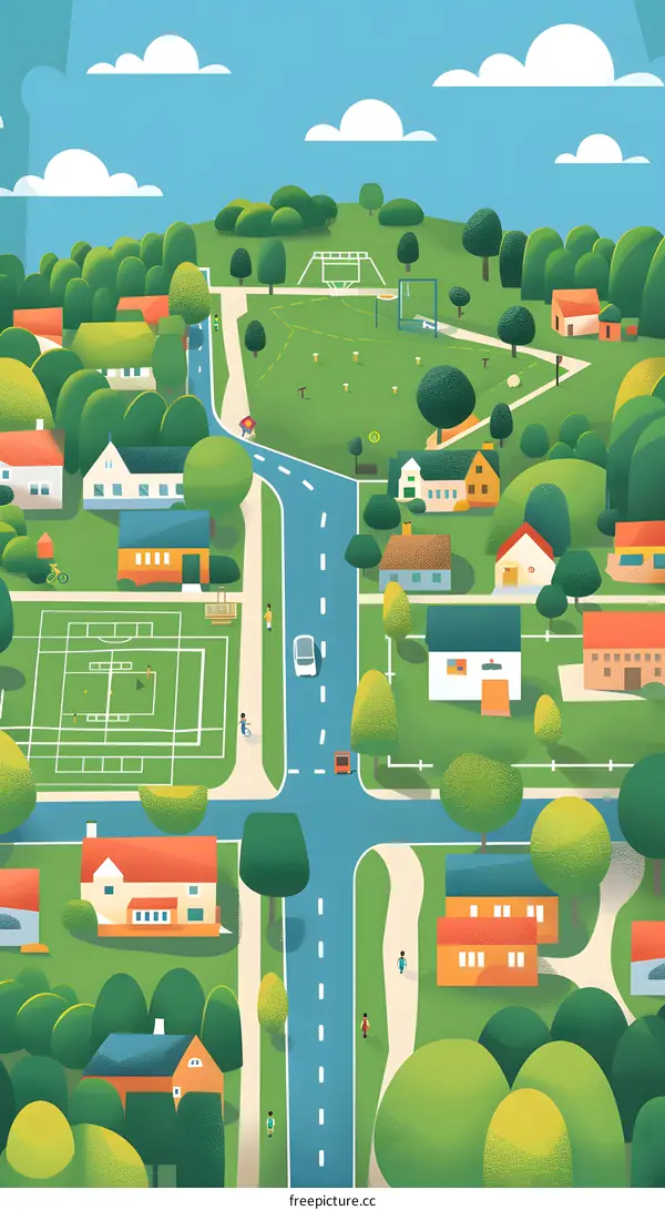 Aerial View of a Small Town with Houses and Green Spaces