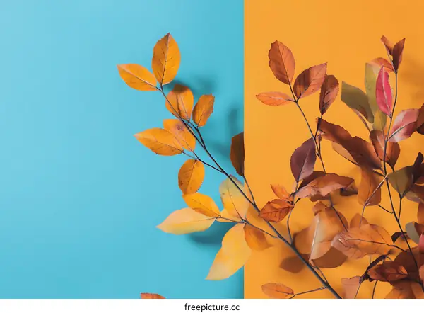 Autumn Leaves on Blue and Orange Background