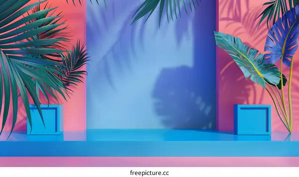 Tropical Summer Background with Blue and Pink Walls and Palm Leaves