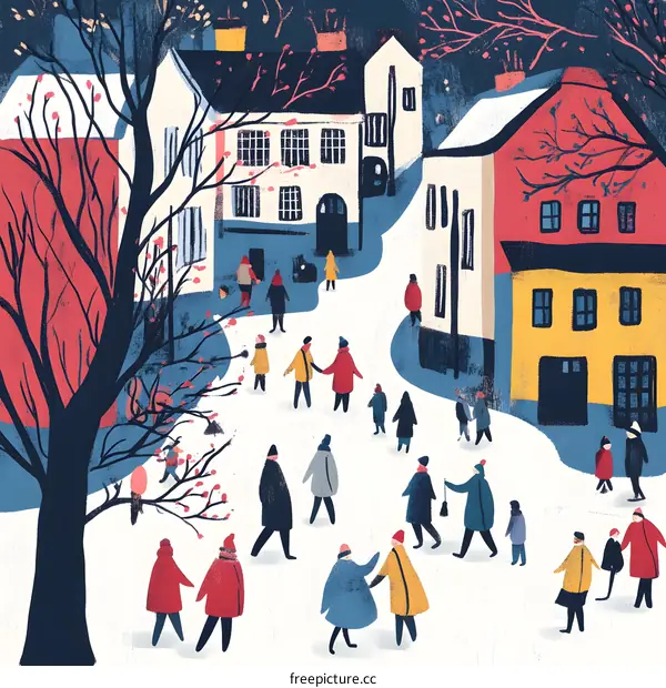 Winter Village People Walking in Snow