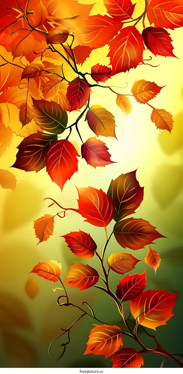 Red and Orange Leaves on a Branch in Autumn