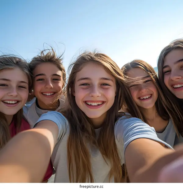 Group of Happy Caucasian Teenage Girls Taking a Selfie