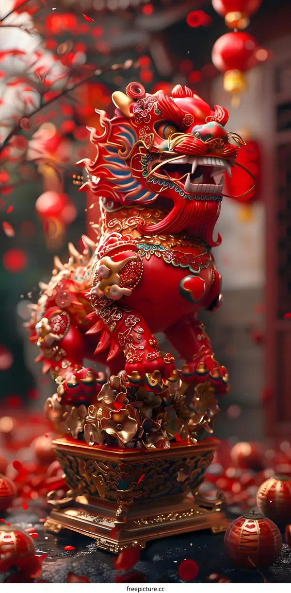 A red and gold lion statue with red lanterns and cherry blossoms
