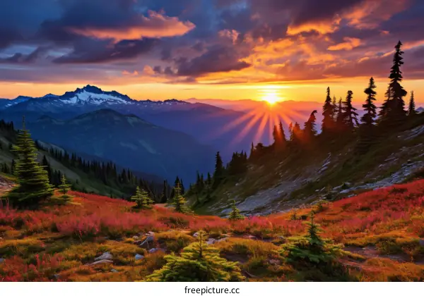 Mountains in the distance with a beautiful sunset and colorful flowers in the foreground