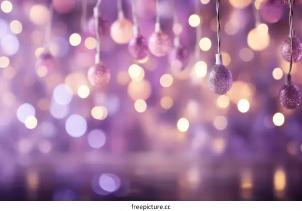 Close-up image of purple and pink Christmas lights hanging in front of out of focus purple and white lights.
