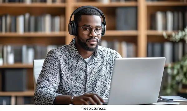 African American Man Working on Laptop in Library Setting