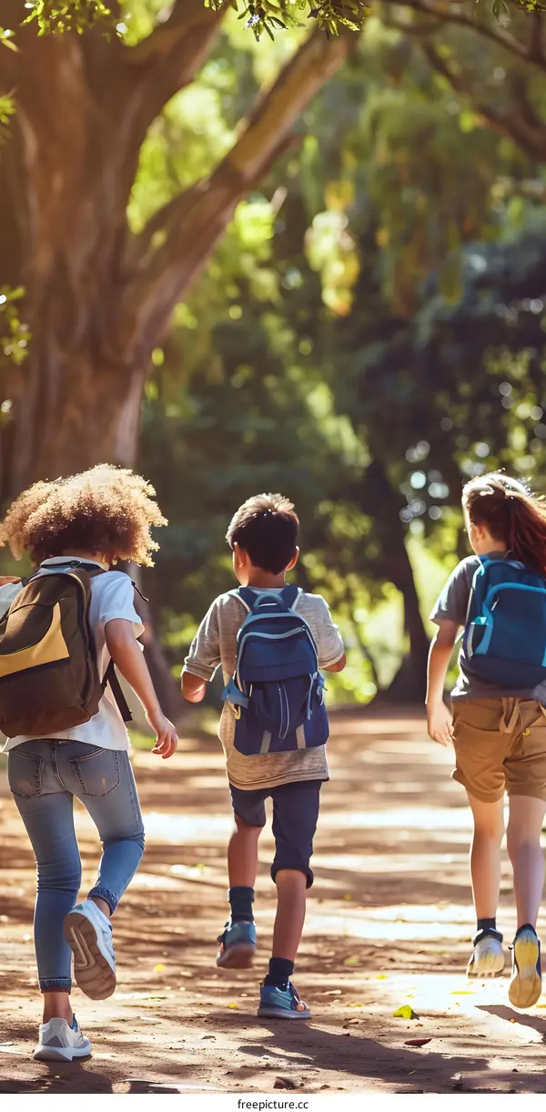 Three Kids Running Away From Camera Backwards In A Park