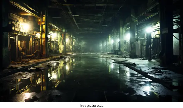 Flooded factory floor with large puddles reflecting the lights
