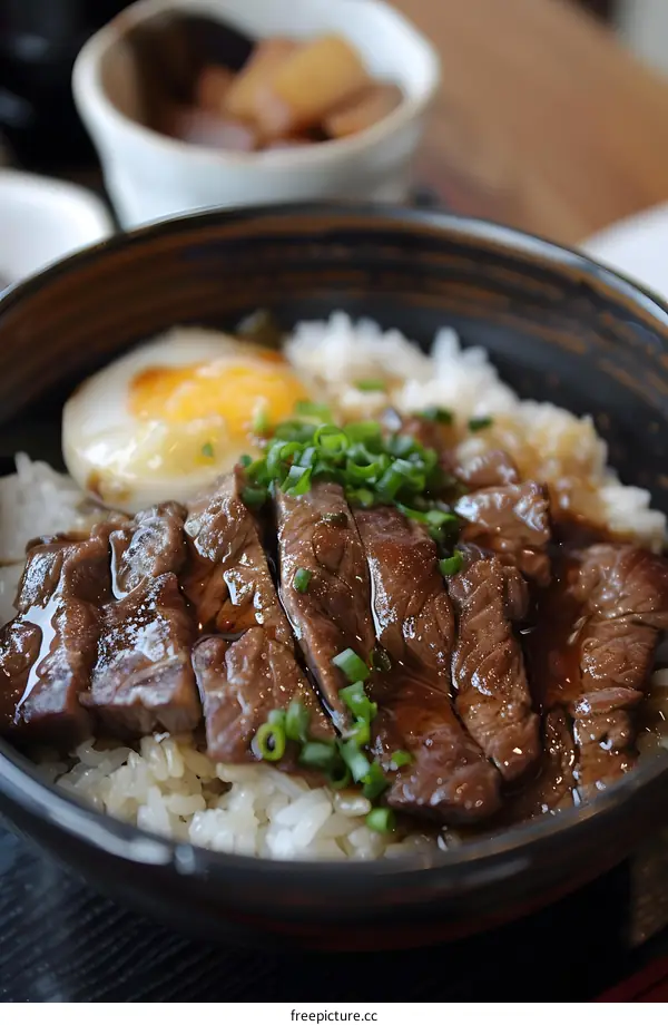 Close Up of Japanese Beef Rice Bowl with Egg