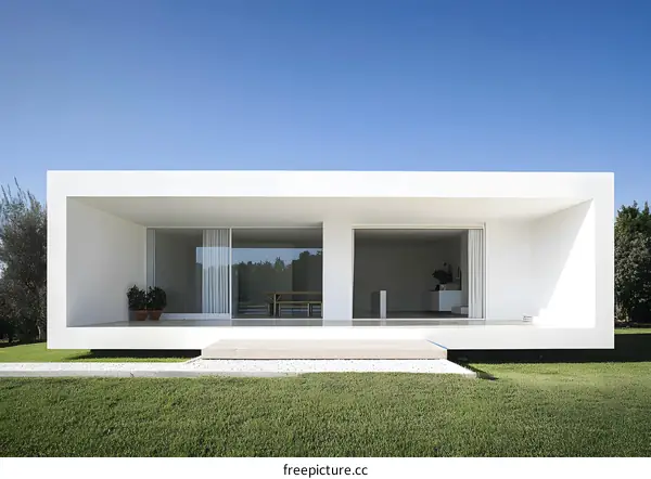 Modern White House with Large Glass Windows and Patio