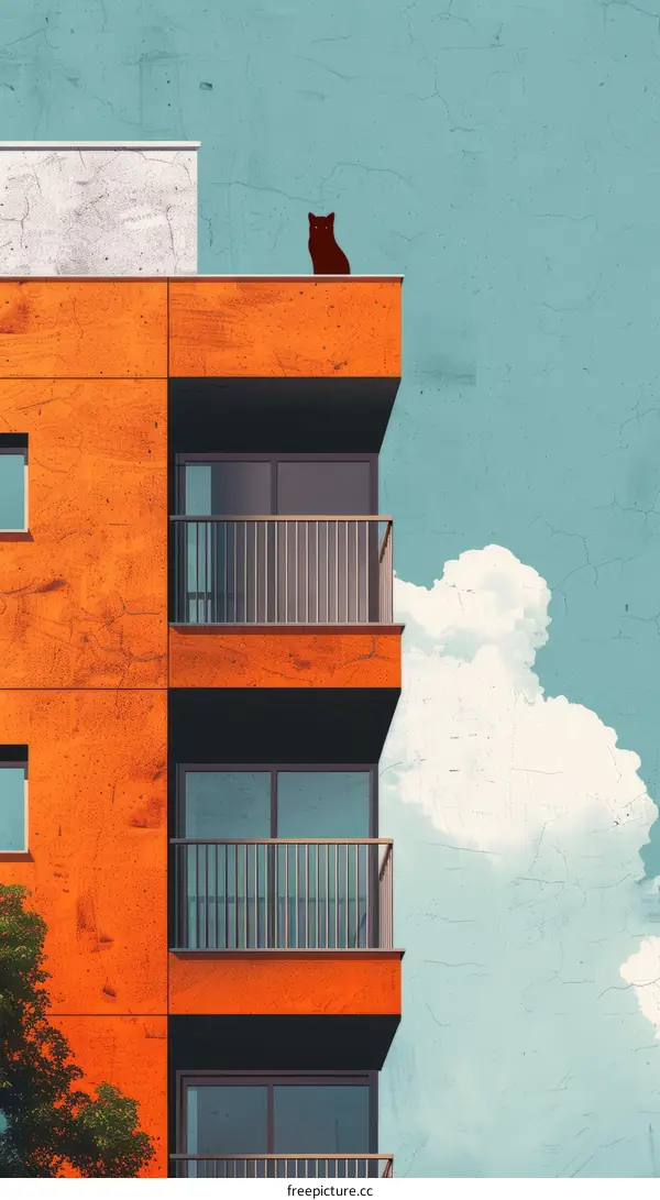 A black cat is sitting on the roof of an orange building