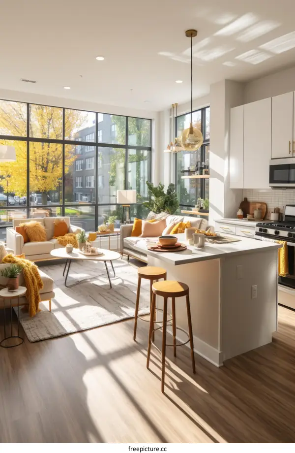 An open-concept living space with a large kitchen island, a living room, and a dining area