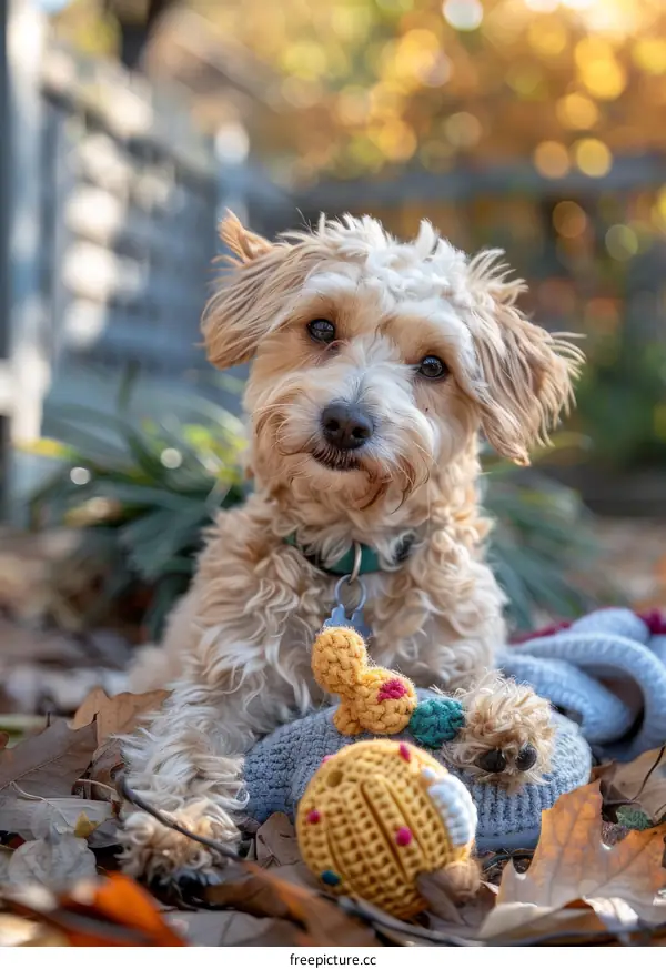 A cute brown dog frolicking among fallen leaves