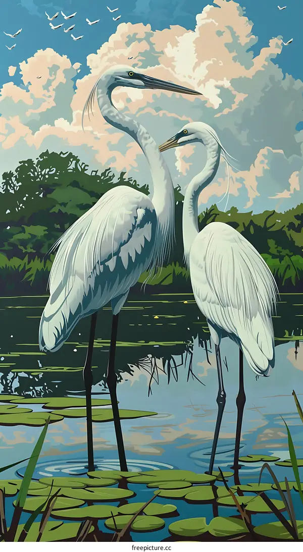Two White Herons Standing In Water With Lily Pads